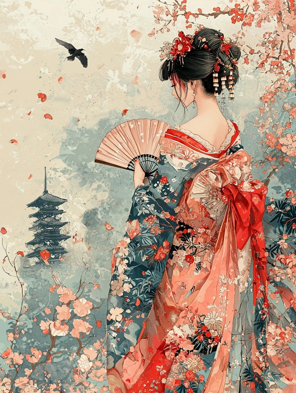 hình vẽ anime mặc kimono phong cách cổ điển