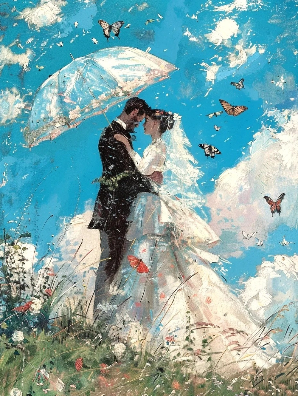 hình vẽ cô dâu chú rể anime dễ thương lãng mạn